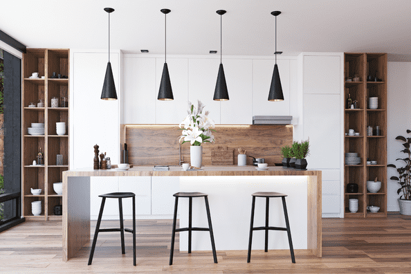 Modern kitchen remodeling with island and pendant lights in Calgary